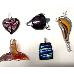 Vintage Murano Style‎ Pendant Lot of 5 Glass Jewelry Art & Signed Fey charm